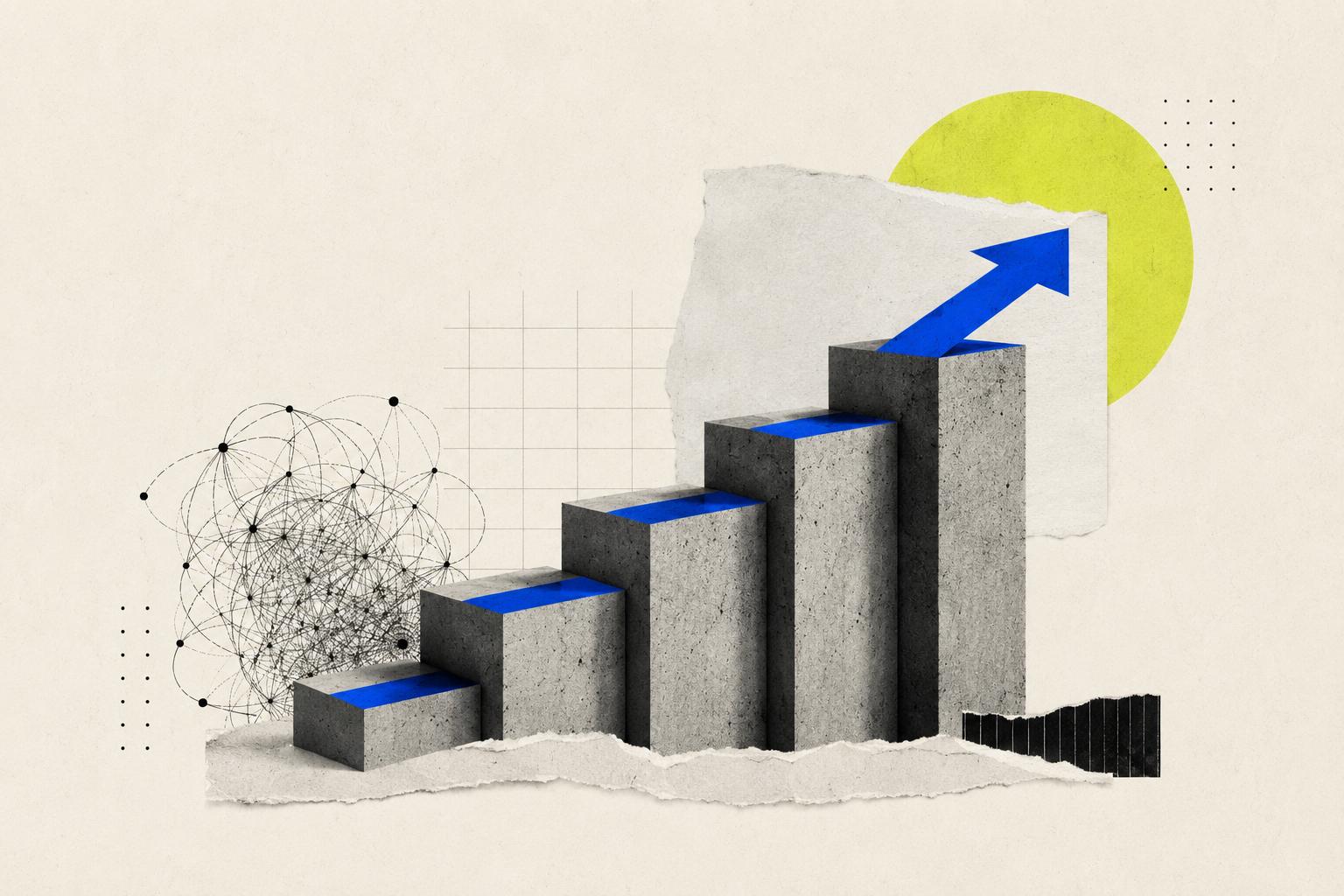 A concrete five-step growth ladder with a blue arrow rising from scattered network signals toward adaptive organisational progress.