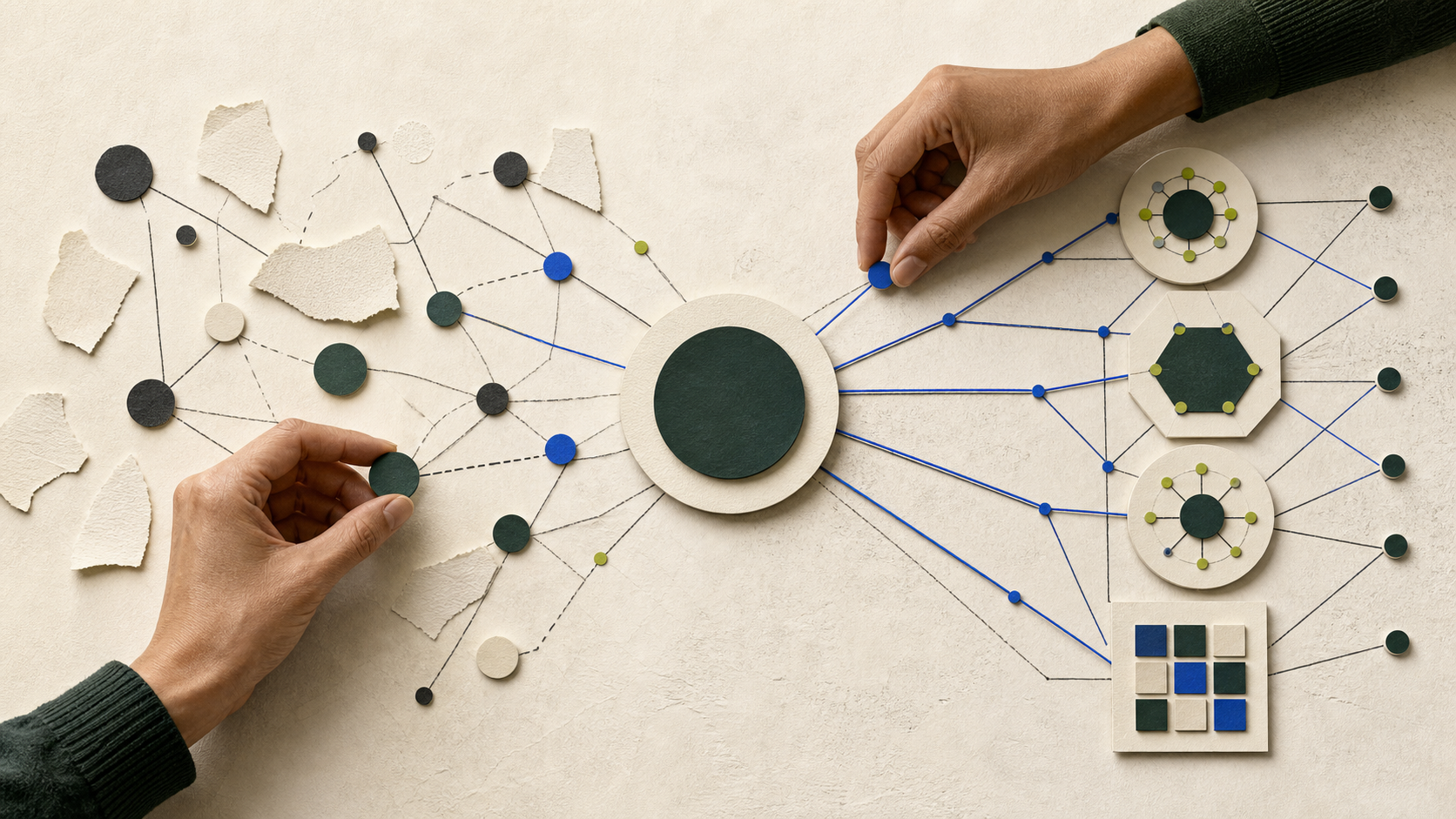 Hands reconnecting a blue organisational network around a central node, representing the structural redesign required to turn AI activity into enterprise value.