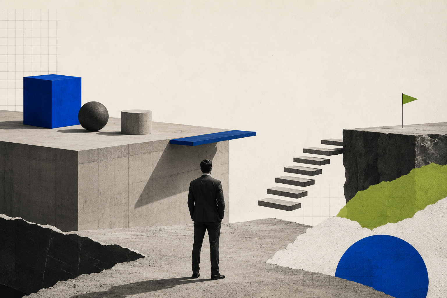 A business leader facing a broken bridge between old AI tools and a redesigned AI-native operating model.