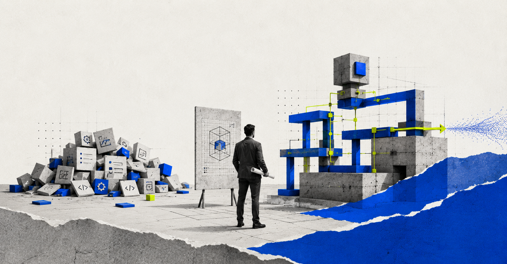 A business leader comparing scattered AI tools with a designed AI value architecture that points toward scaled outcomes.