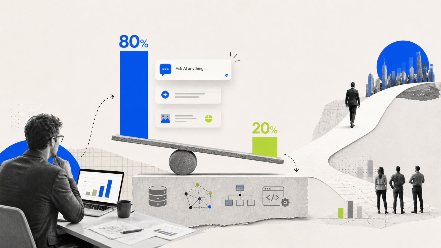 A visual metaphor of the AI 80/20 trap with an 80 percent technology bar outweighing the 20 percent work redesign side while leaders walk toward an AI-enabled operating model.